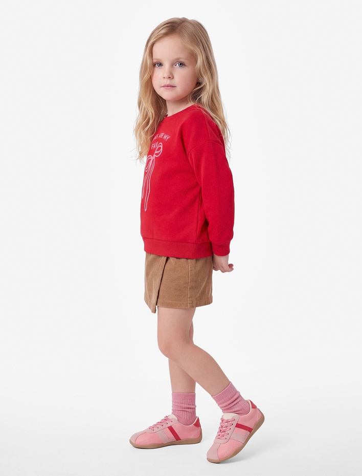 Kız Bebek Pamuklu Bisiklet Yaka Uzun Kollu Fiyonk Baskılı Sweatshirt