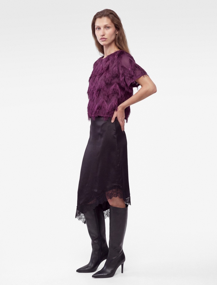  Peluş Detaylı Bisiklet Yaka Kısa Kollu Crop Bluz