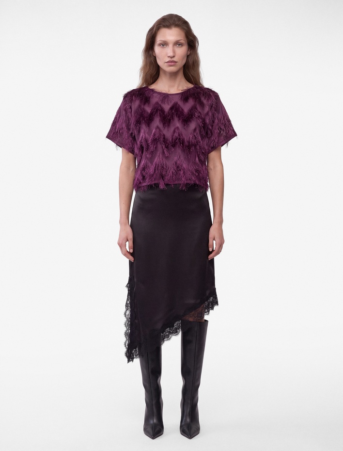  Peluş Detaylı Bisiklet Yaka Kısa Kollu Crop Bluz