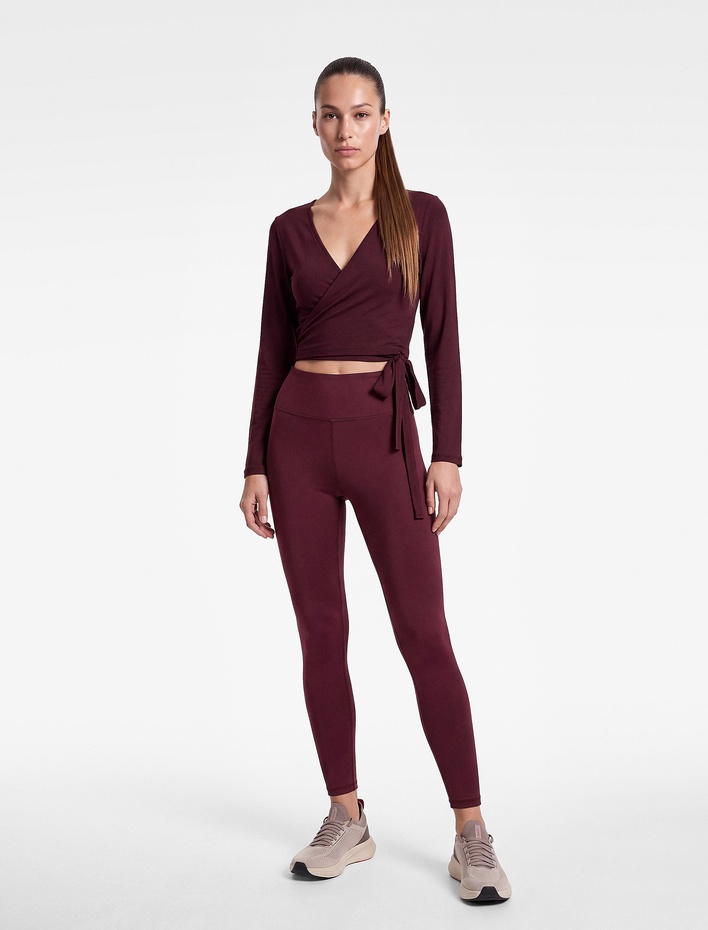  Modal Karışımlı Slim Fit V Yaka Uzun Kollu Crop Bağlamalı Kruvaze Spor Tişört