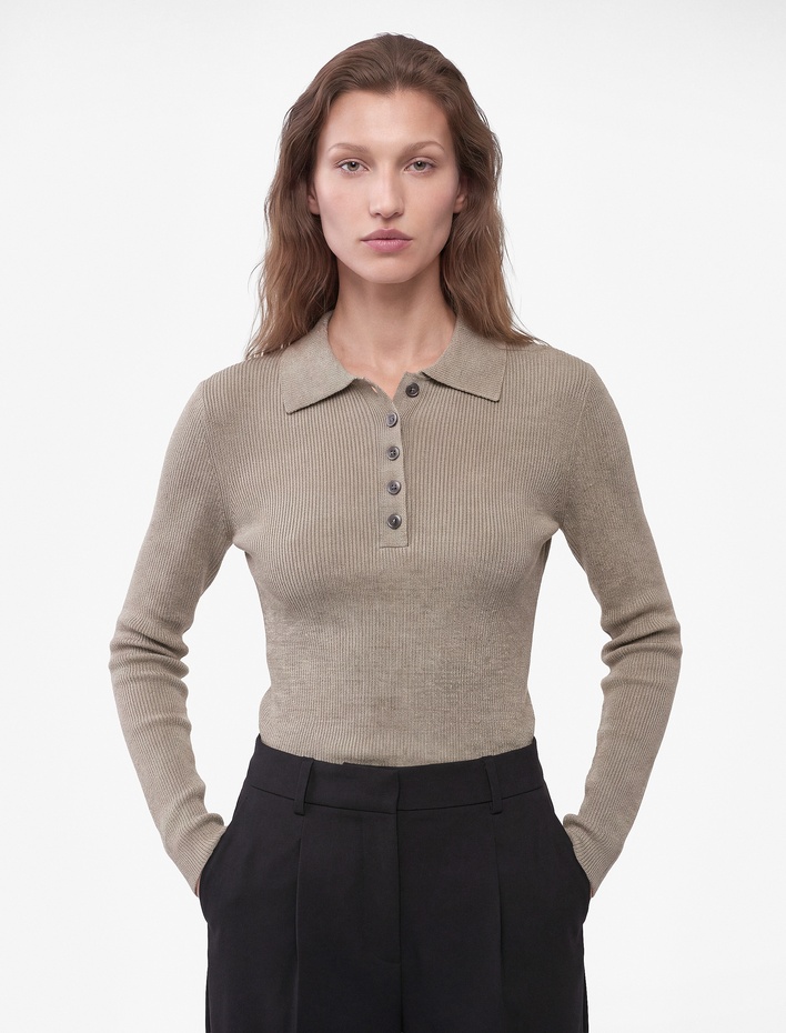  Uzun Kollu Yarım Düğmeli Simli Fit Polo Yaka Triko Kazak