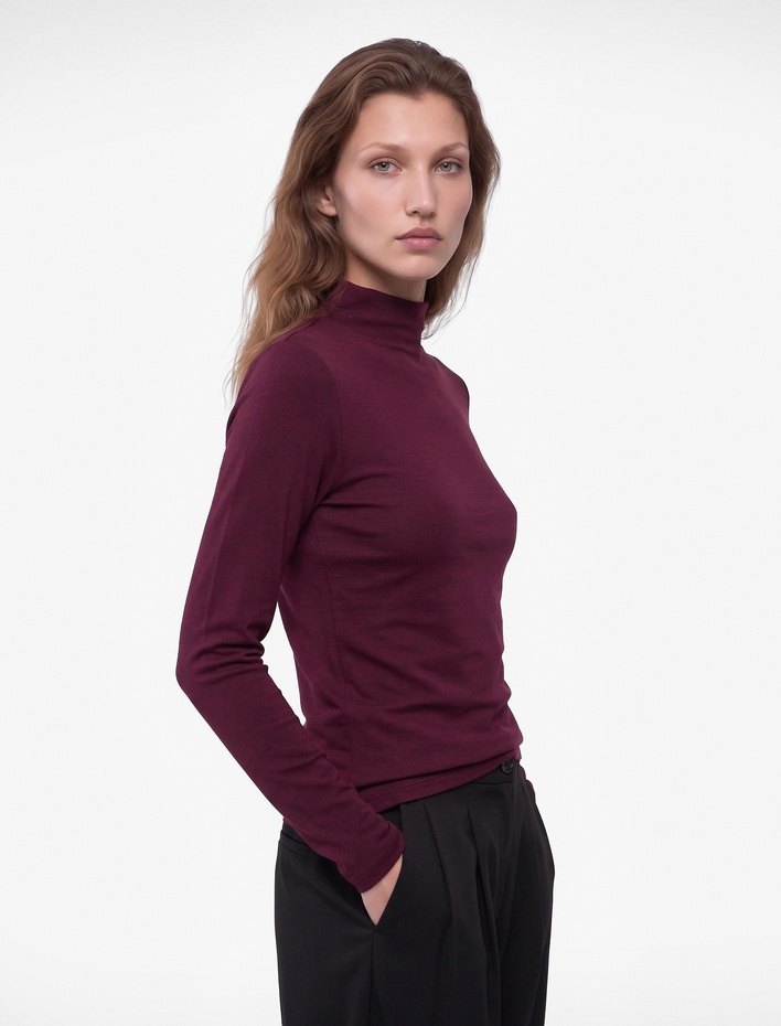  Pamuklu Slim Fit Dik Yaka Basic Uzun Kollu Tişört
