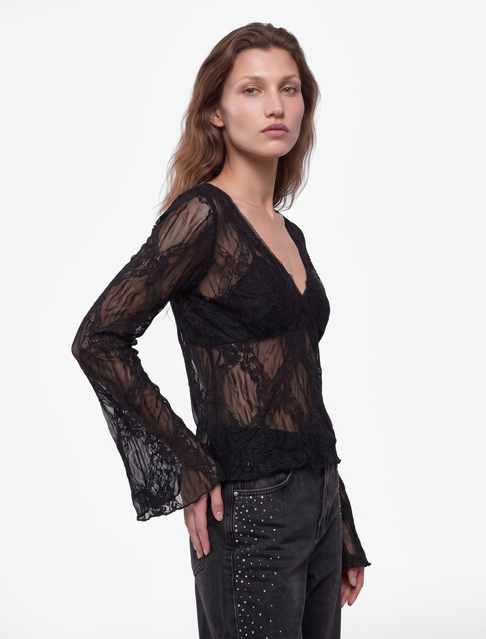  Slim Fit V Yaka Uzun İspanyol Kollu Dantelli Tişört Yarı Transparan