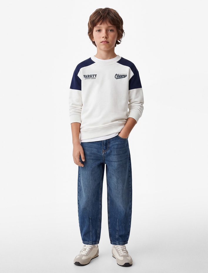 Erkek Çocuk Renk Bloklu Şardonlu Bisiklet Yaka Uzun Kollu Baskılı Sweatshirt