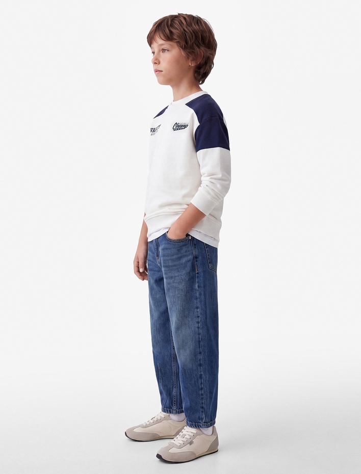 Erkek Çocuk Renk Bloklu Şardonlu Bisiklet Yaka Uzun Kollu Baskılı Sweatshirt