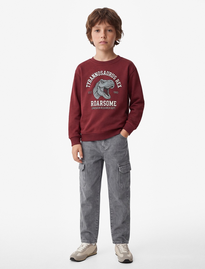 Erkek Çocuk Dinozor Baskılı Bisiklet Yaka Uzun Kollu Sweatshirt