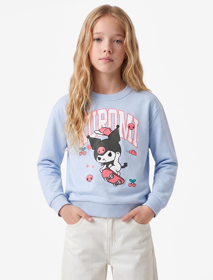 Kız Çocuk Kuromi Baskılı Şardonlu Uzun Kollu Bisiklet Yaka Lisanslı Sweatshirt