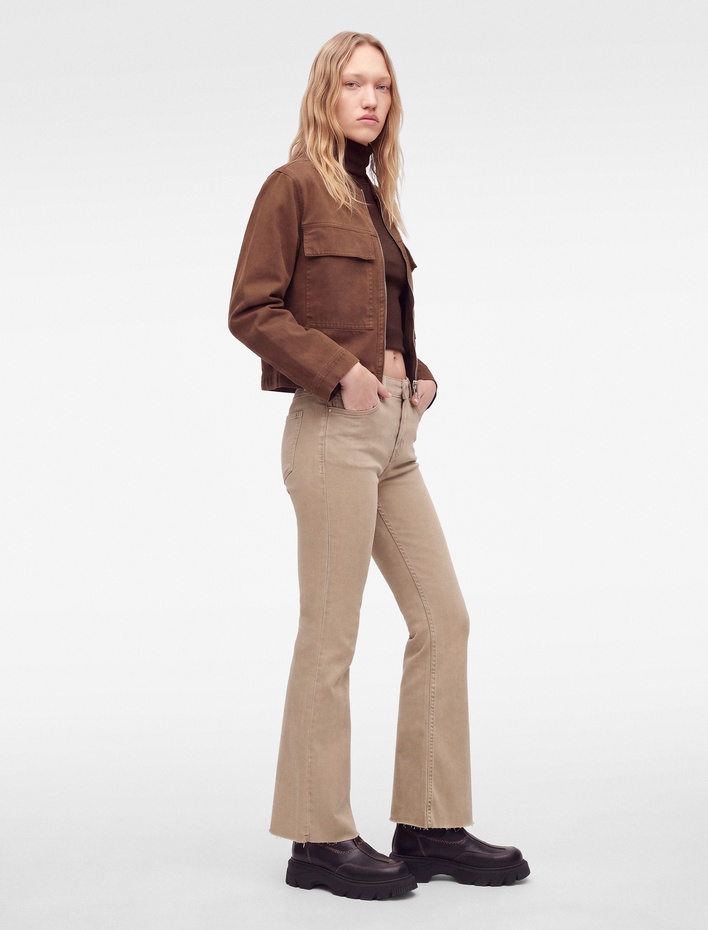  Pamuklu Normal Bel Düğmeli Dar Kesim Kısa İspanyol Paça Pantolon -Kick Flare Jeans
