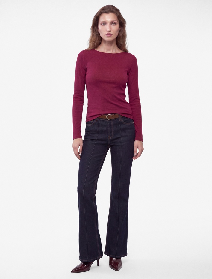  Slim Fit Pamuklu Kayık Yaka Uzun Kollu Basic Bluz