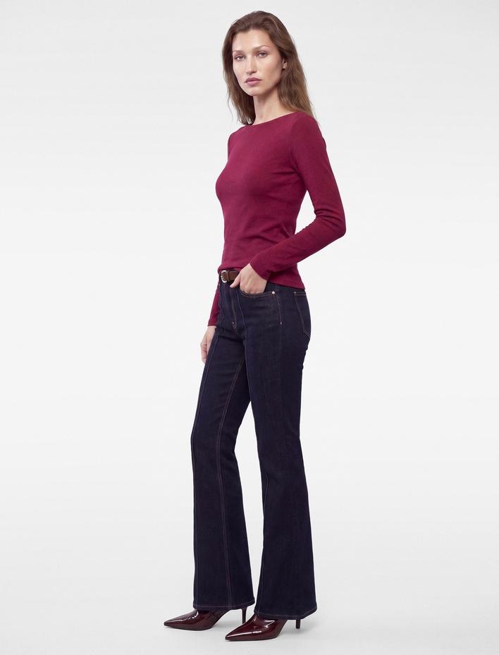  Slim Fit Pamuklu Kayık Yaka Uzun Kollu Basic Bluz