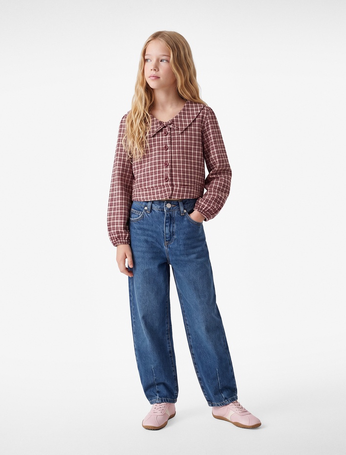 Kız Çocuk Bebe Yaka Fırfırlı Uzun Kollu Ekoseli Crop Gömlek