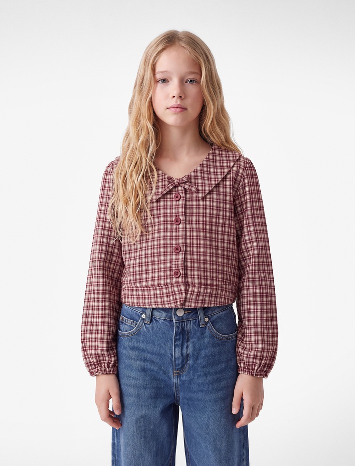 Kız Çocuk Bebe Yaka Fırfırlı Uzun Kollu Ekoseli Crop Gömlek