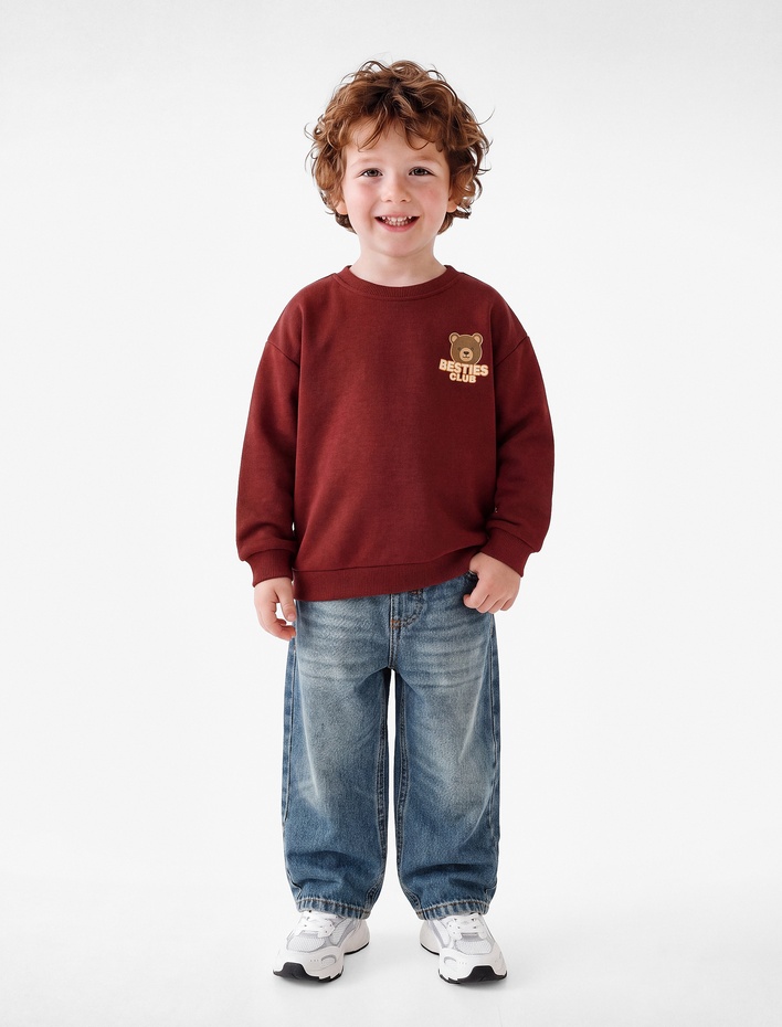 Erkek Bebek Ayıcık Baskılı Pamuklu Bisiklet Yaka Uzun Kollu Oversize Sweatshirt