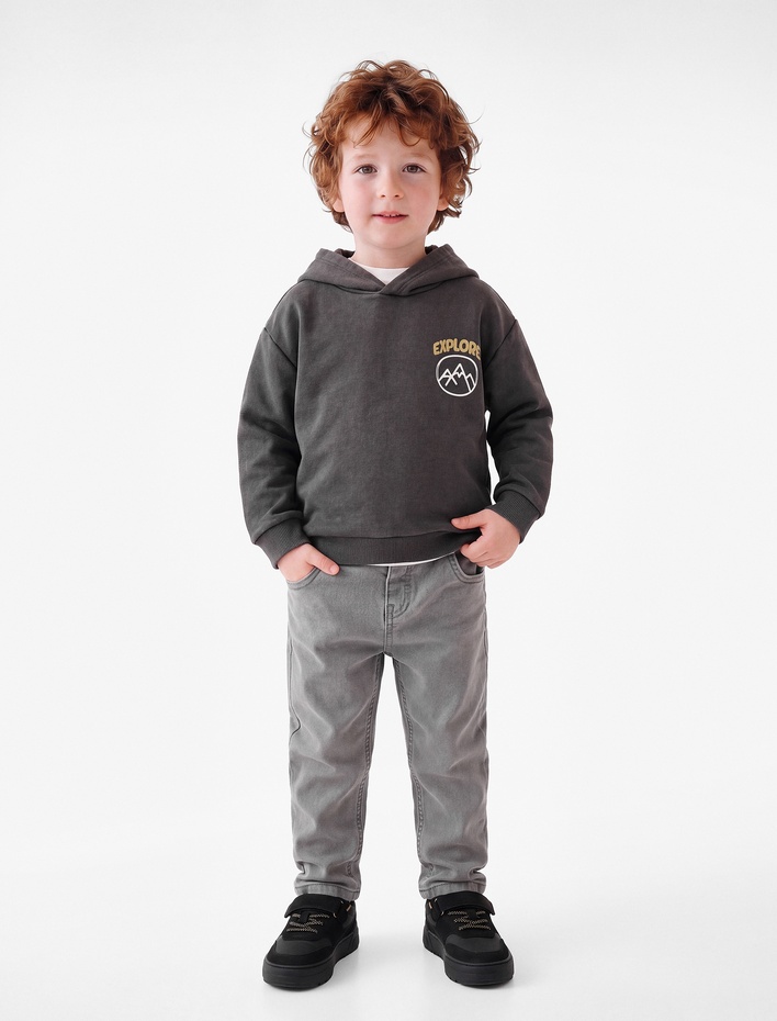 Erkek Bebek Baskılı Şardonlu Uzun Kollu Kapşonlu Oversize Sweatshirt