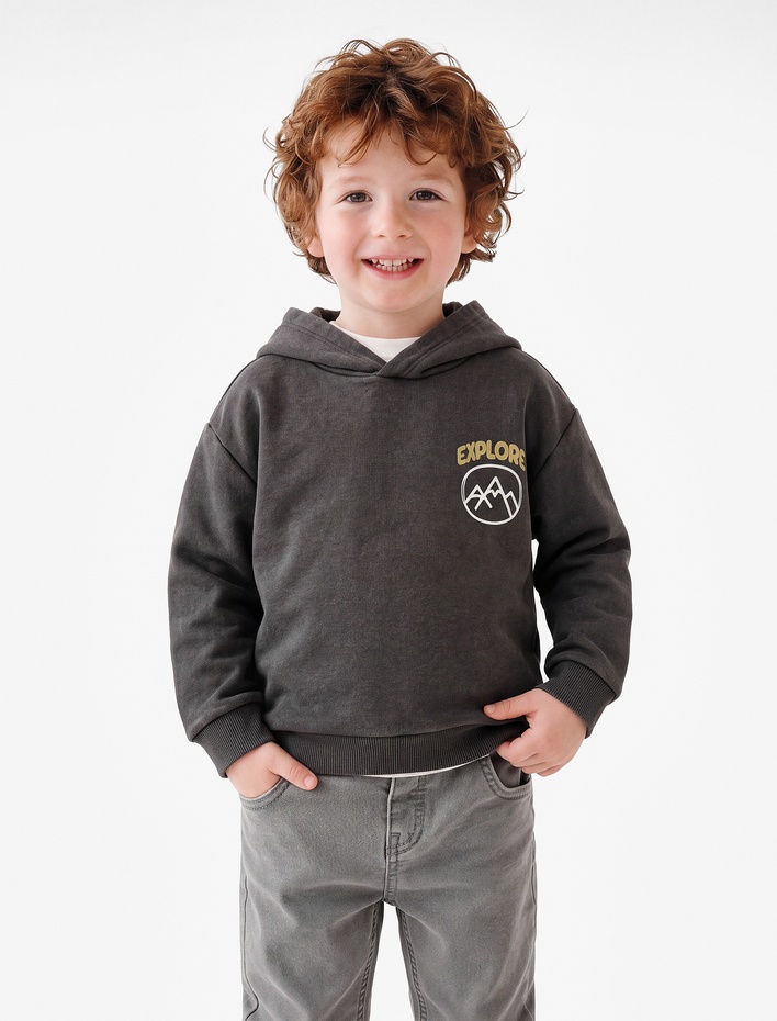 Erkek Bebek Baskılı Şardonlu Uzun Kollu Kapşonlu Oversize Sweatshirt