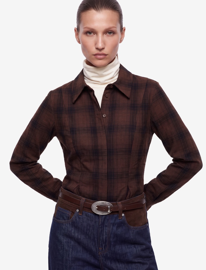  Slim Fit Klasik Yaka Uzun Kollu Ekose Peplum Gömlek