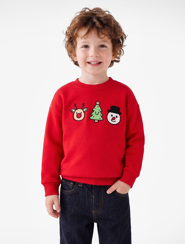 Erkek Bebek Pamuklu Şardonlu Uzun Kollu Bisiklet Yaka Yılbaşı Temalı Nakışlı Sweatshirt