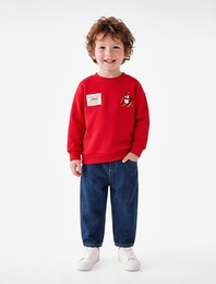 Penguen Baskılı Şardonlu Uzun Kollu Bisiklet Yaka Sweatshirt