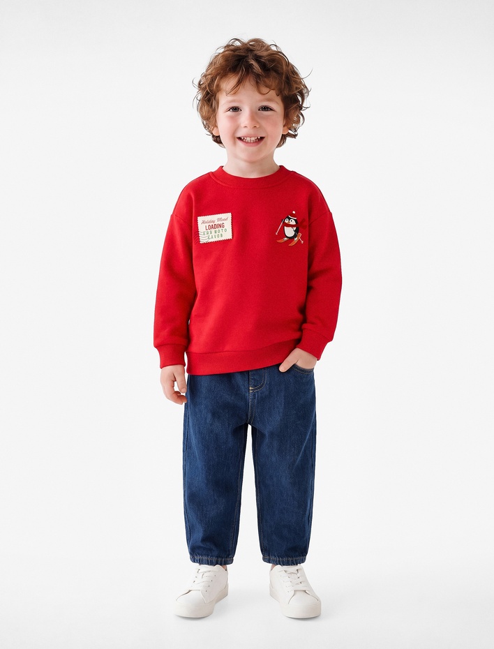 Erkek Bebek Penguen Baskılı Şardonlu Uzun Kollu Bisiklet Yaka Sweatshirt
