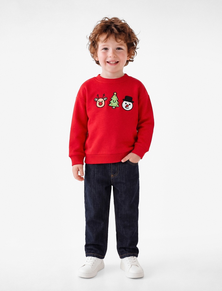 Erkek Bebek Pamuklu Şardonlu Uzun Kollu Bisiklet Yaka Yılbaşı Temalı Nakışlı Sweatshirt
