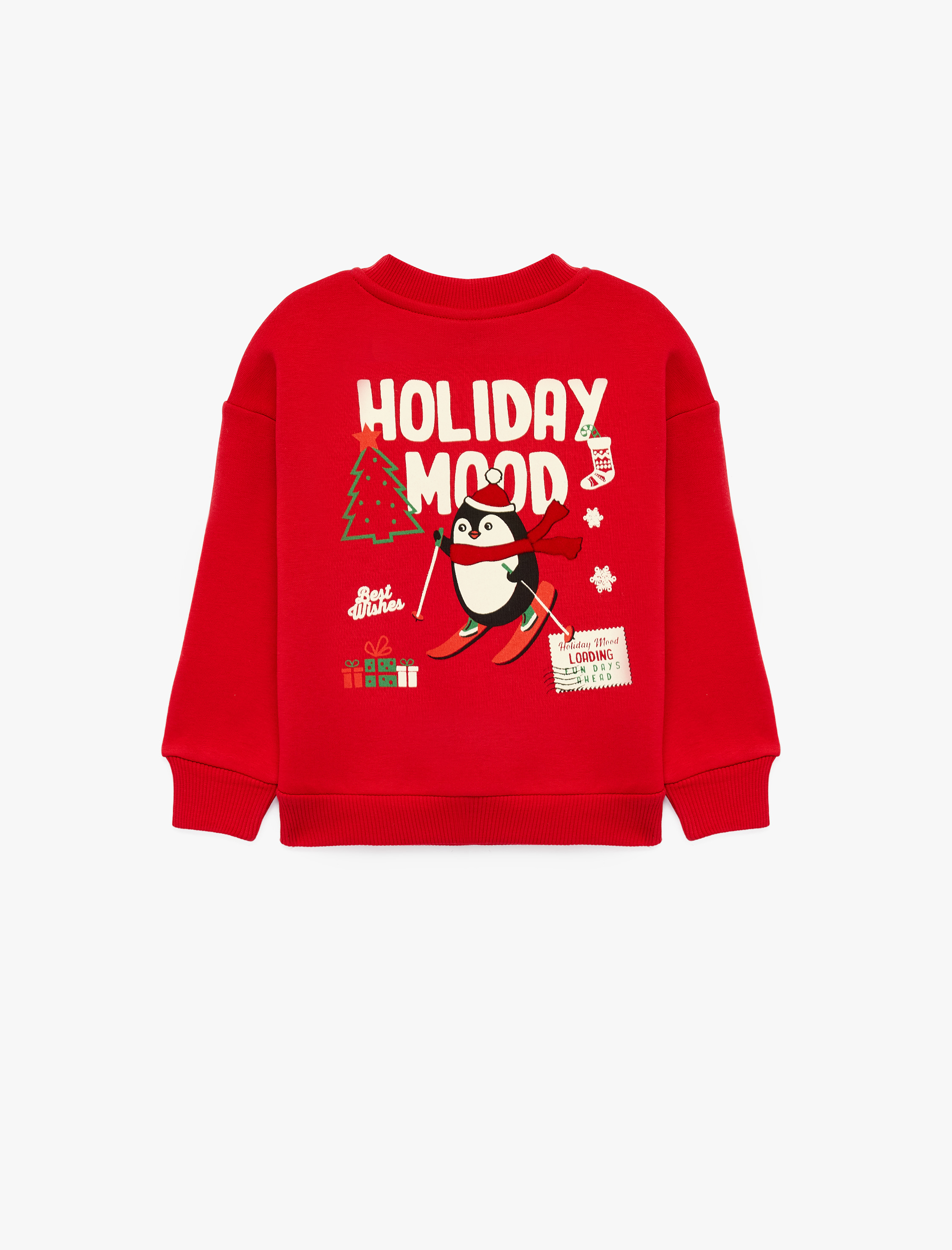  Erkek Bebek Penguen Baskılı Şardonlu Uzun Kollu Bisiklet Yaka Sweatshirt