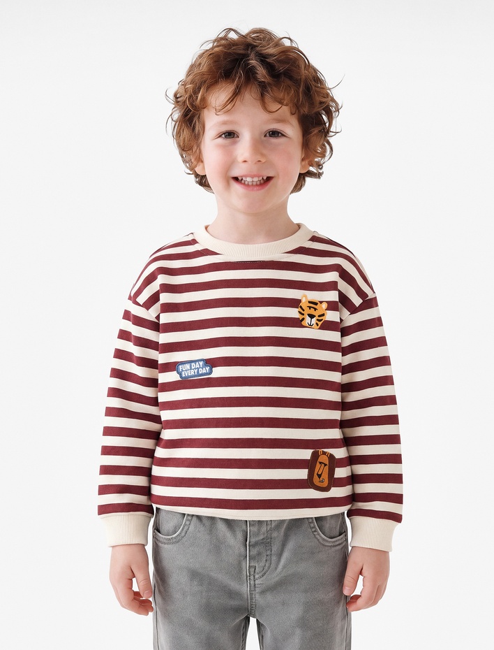 Erkek Bebek Kedi Nakışlı Şardonlu Bisiklet Yaka Uzun Kollu Oversize Çizgili Sweatshirt