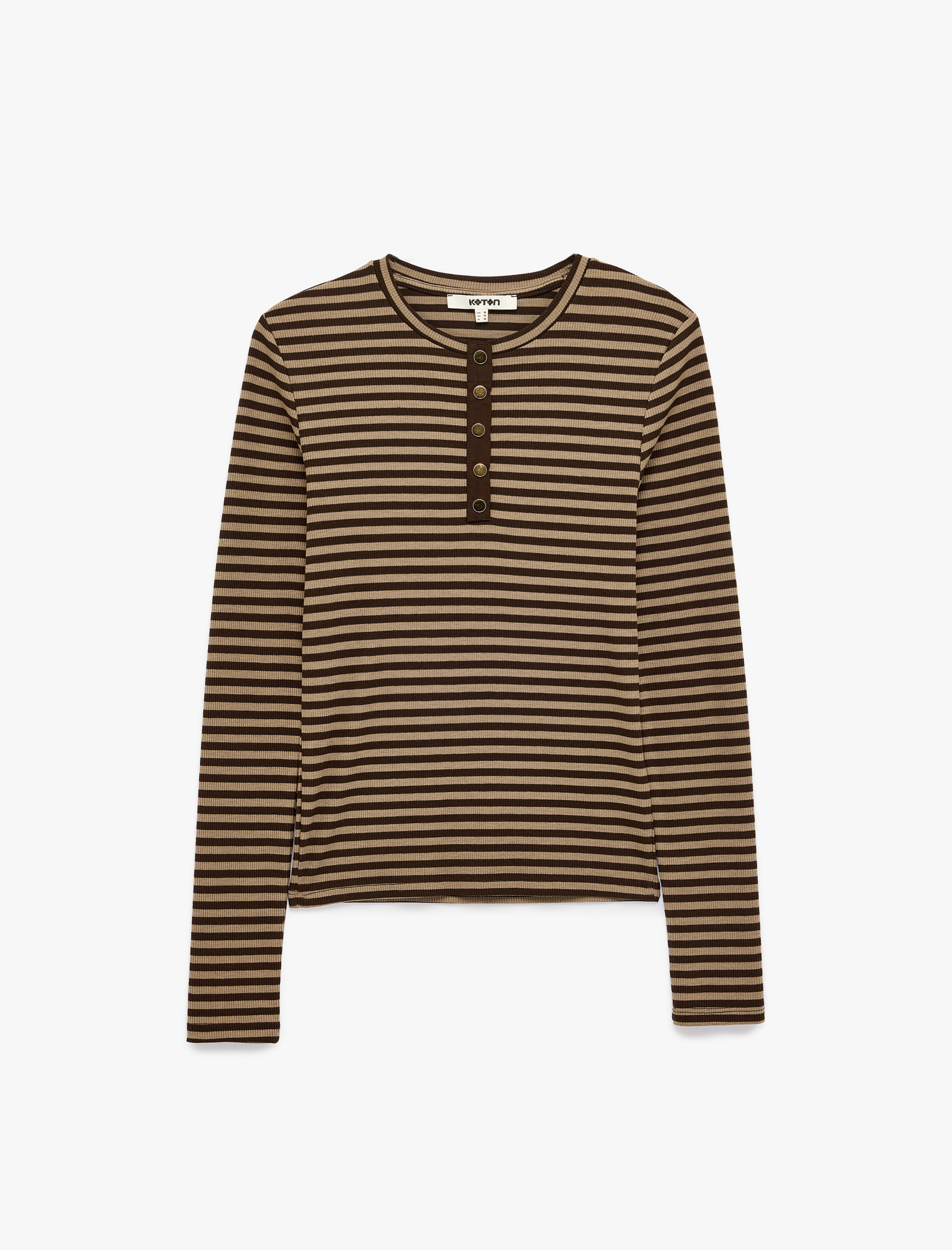   Çizgili Henley Yaka Tişört Slim Fit Uzun Kollu Düğmeli