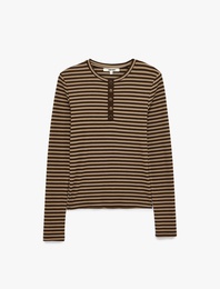 Çizgili Henley Yaka Tişört Slim Fit Uzun Kollu Düğmeli