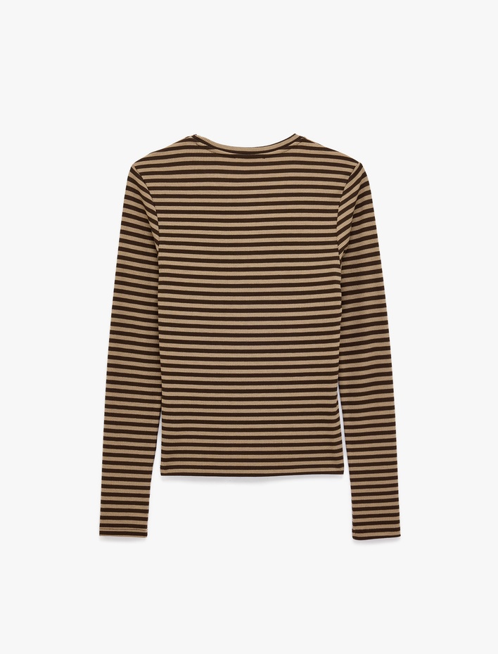  Çizgili Henley Yaka Tişört Slim Fit Uzun Kollu Düğmeli