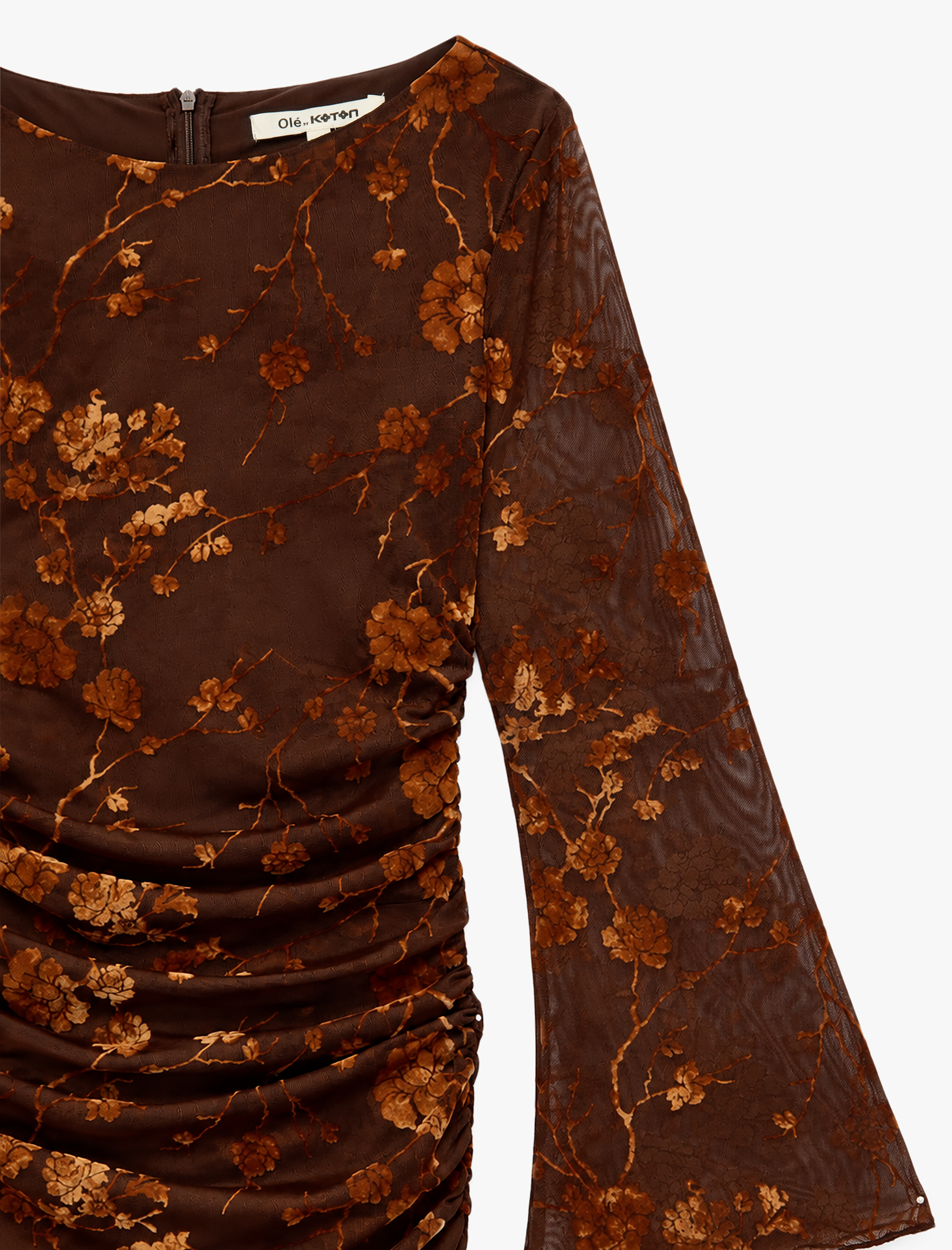   Slim Fit Volanlı Bisiklet Yaka Uzun Kollu Tül Drapeli Çiçekli Maxi Elbise