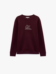 Uzun Kollu Üç İplik Şardonlu Bisiklet Yaka Baskılı Sweatshirt