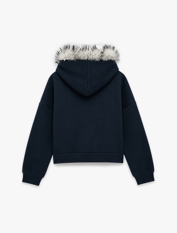  Rahat Kalıp Şardonlu Uzun Kollu Kürklü Kapüşonlu Fermuarlı Sweatshirt