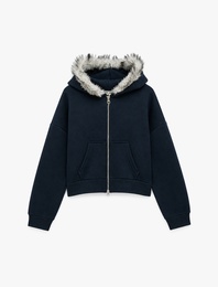 Rahat Kalıp Şardonlu Uzun Kollu Kürklü Kapüşonlu Fermuarlı Sweatshirt