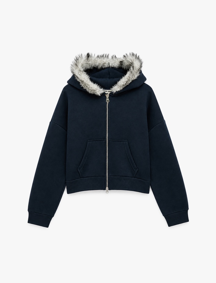  Rahat Kalıp Şardonlu Uzun Kollu Kürklü Kapüşonlu Fermuarlı Sweatshirt