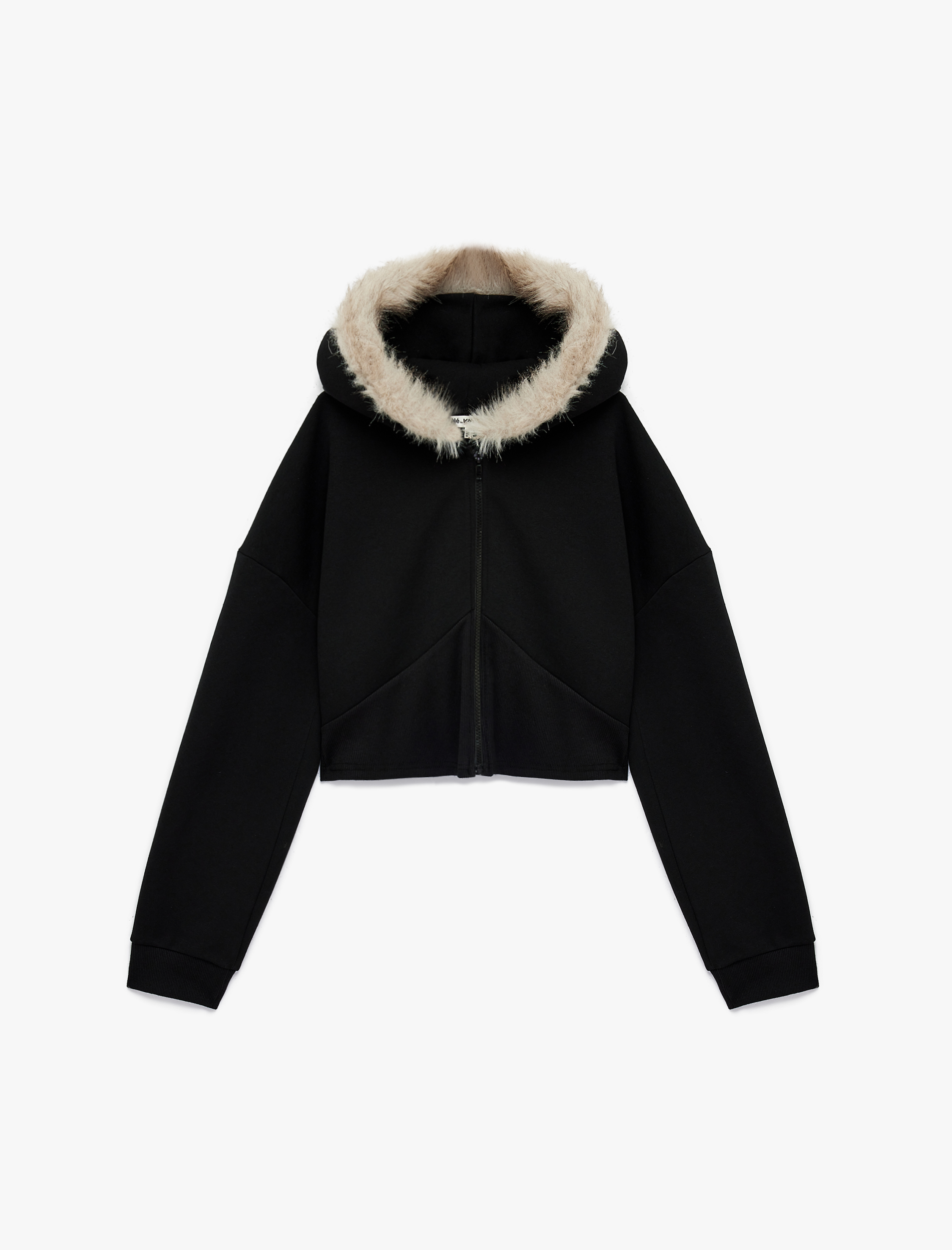   Şardonlu Fermuarlı Cepli Uzun Kollu Suni Kürk Kapüşonlu Sweatshirt