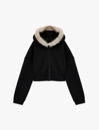 Şardonlu Fermuarlı Cepli Uzun Kollu Suni Kürk Kapüşonlu Sweatshirt