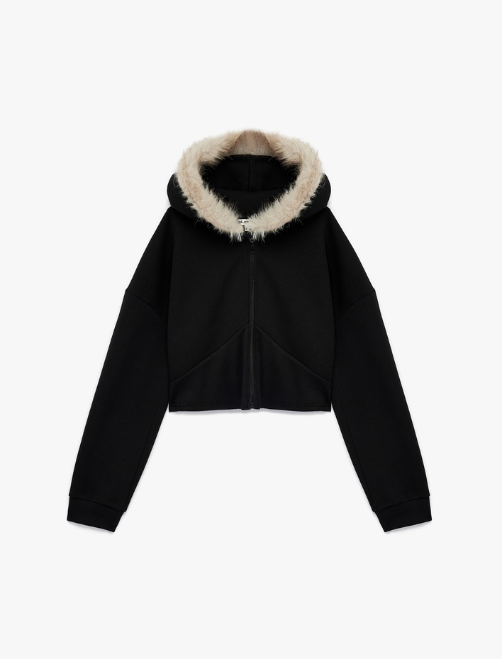  Şardonlu Fermuarlı Cepli Uzun Kollu Suni Kürk Kapüşonlu Sweatshirt