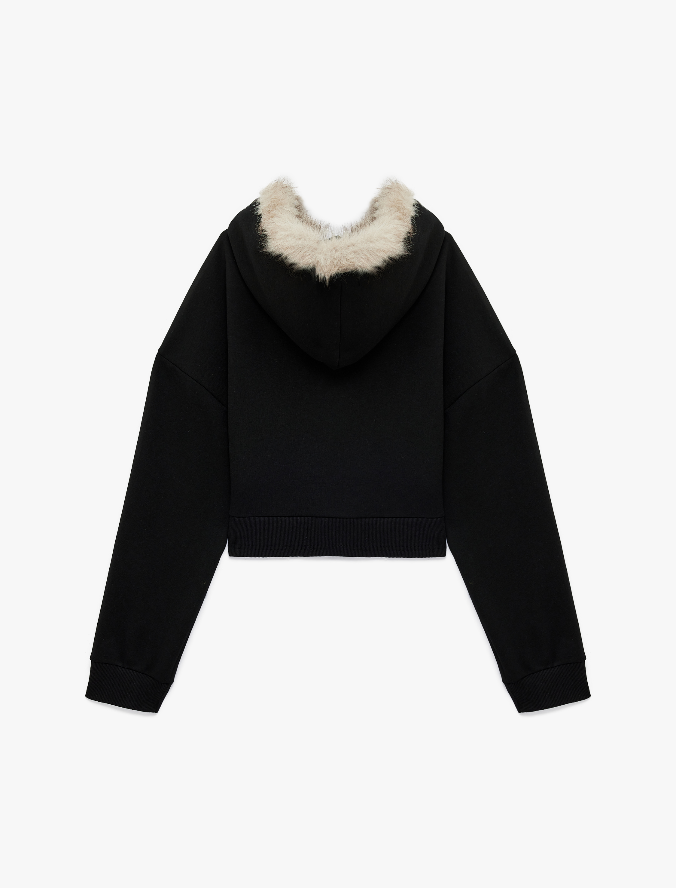   Şardonlu Fermuarlı Cepli Uzun Kollu Suni Kürk Kapüşonlu Sweatshirt