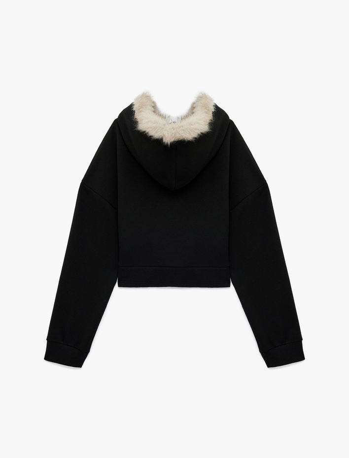  Şardonlu Fermuarlı Cepli Uzun Kollu Suni Kürk Kapüşonlu Sweatshirt