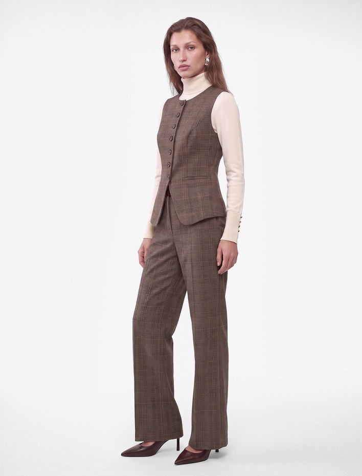  Normal Bel Straight Fit Kumaş Düz Kesim Ekose Pantolon