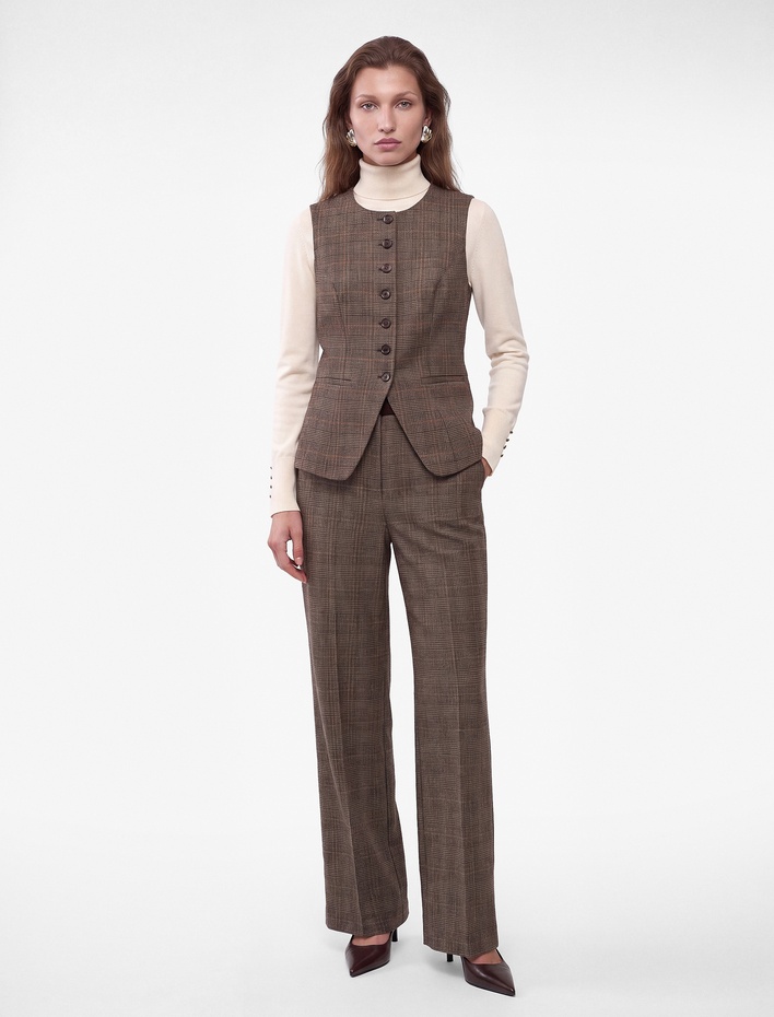  Normal Bel Straight Fit Kumaş Düz Kesim Ekose Pantolon