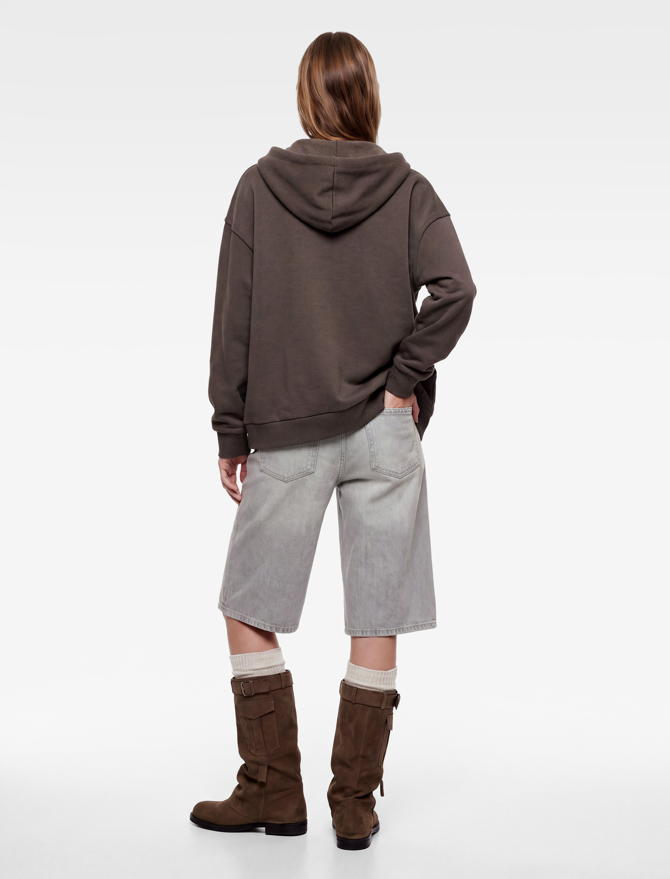   Uzun Kollu Şardonlu Cepli Rahat Kalıp Fermuarlı Kapüşonlu Sweatshirt