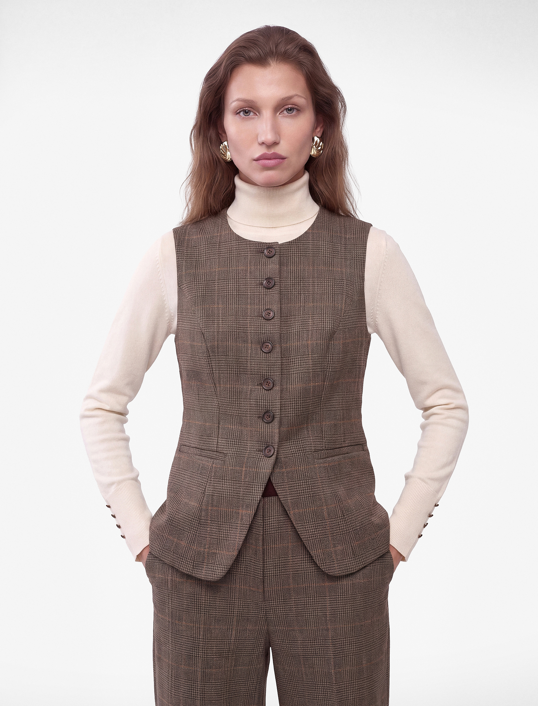   Slim Fit Bisiklet Yaka Düğmeli Ekose Yelek