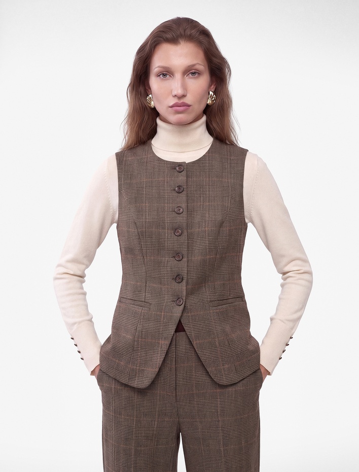  Slim Fit Bisiklet Yaka Düğmeli Ekose Yelek