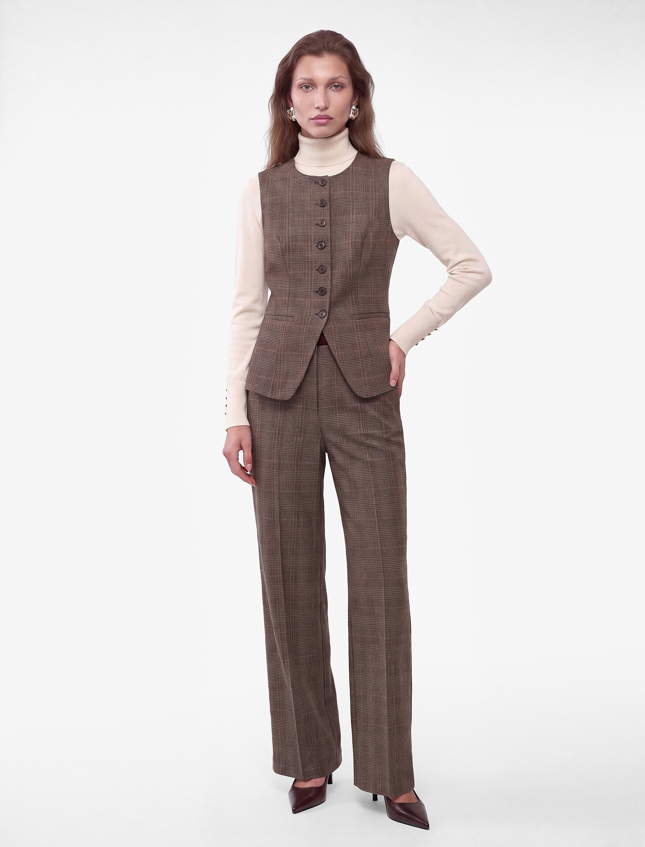   Slim Fit Bisiklet Yaka Düğmeli Ekose Yelek