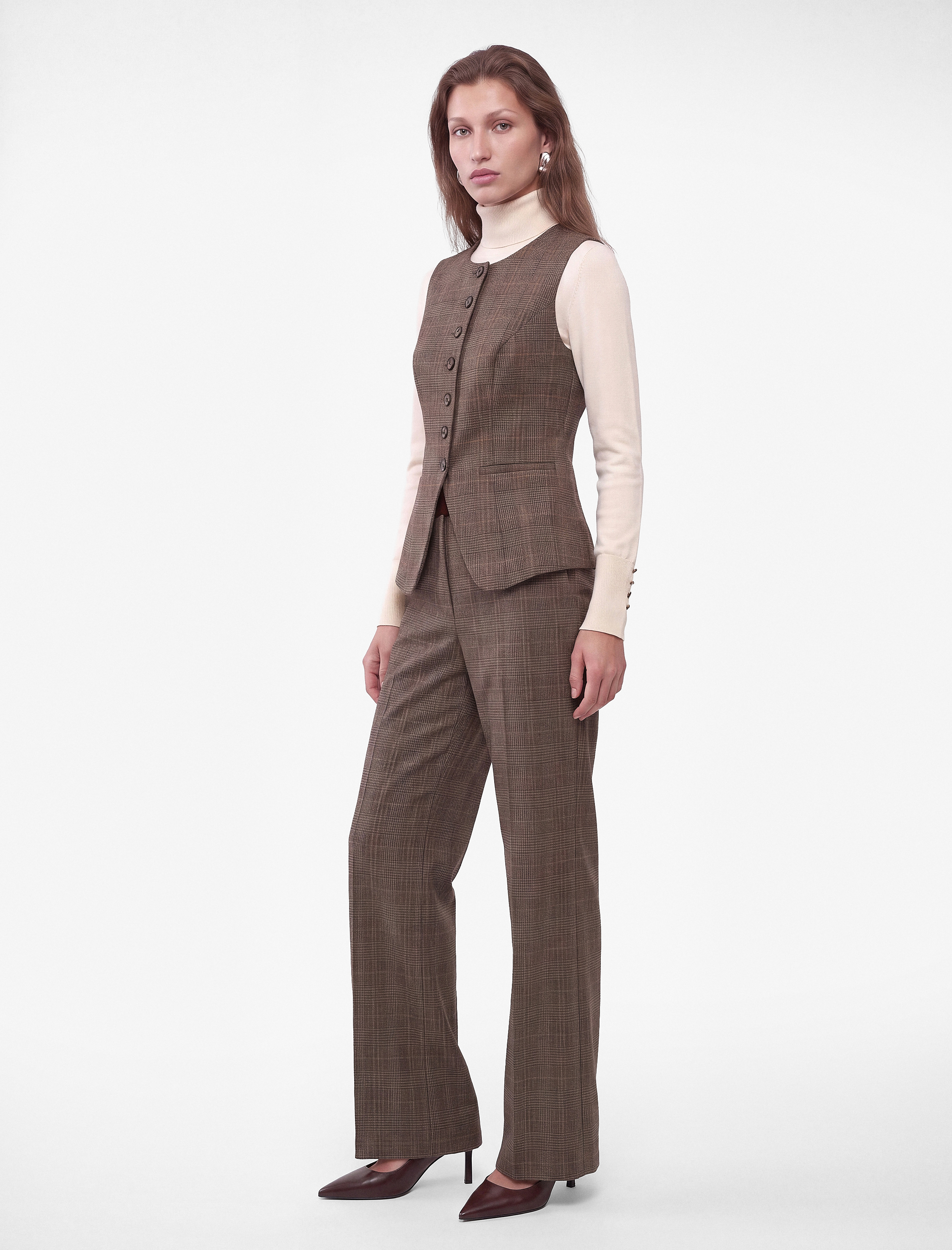   Slim Fit Bisiklet Yaka Düğmeli Ekose Yelek