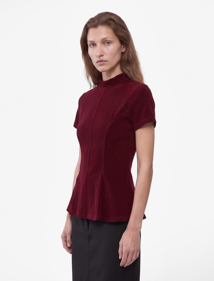  Slim Fit Dokulu Dik Yaka Kısa Kollu Peplum Bluz