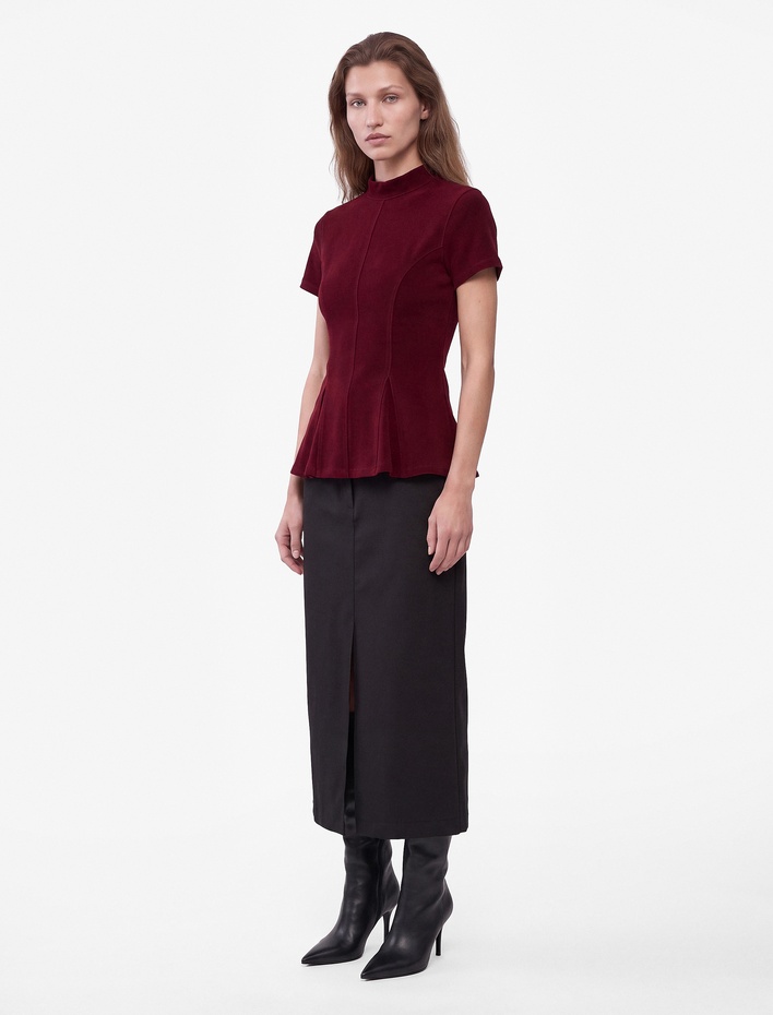  Slim Fit Dokulu Dik Yaka Kısa Kollu Peplum Bluz