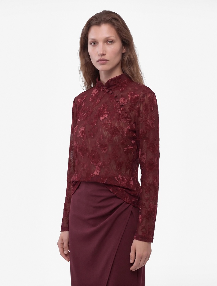  Slim Fit Uzun Kollu Transparan Çiçekli Düğmeli Qipao Tül Tişört