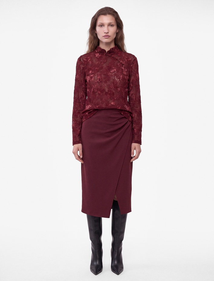  Slim Fit Uzun Kollu Transparan Çiçekli Düğmeli Qipao Tül Tişört